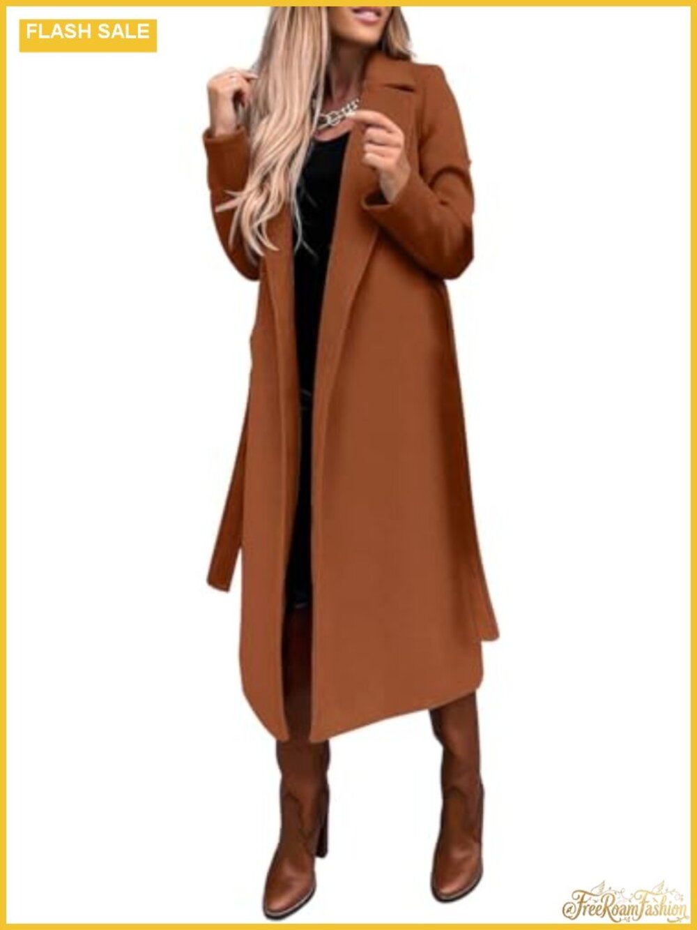 Wool Blend Long Pea Coat Women Notched Collar Belted Overcoat